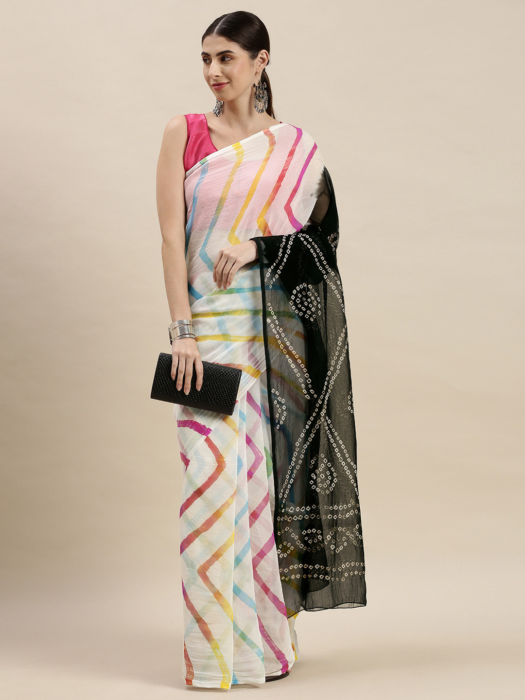 Geroo Jaipur White & Black Hand Dyed Leheriya Bandhani Saree