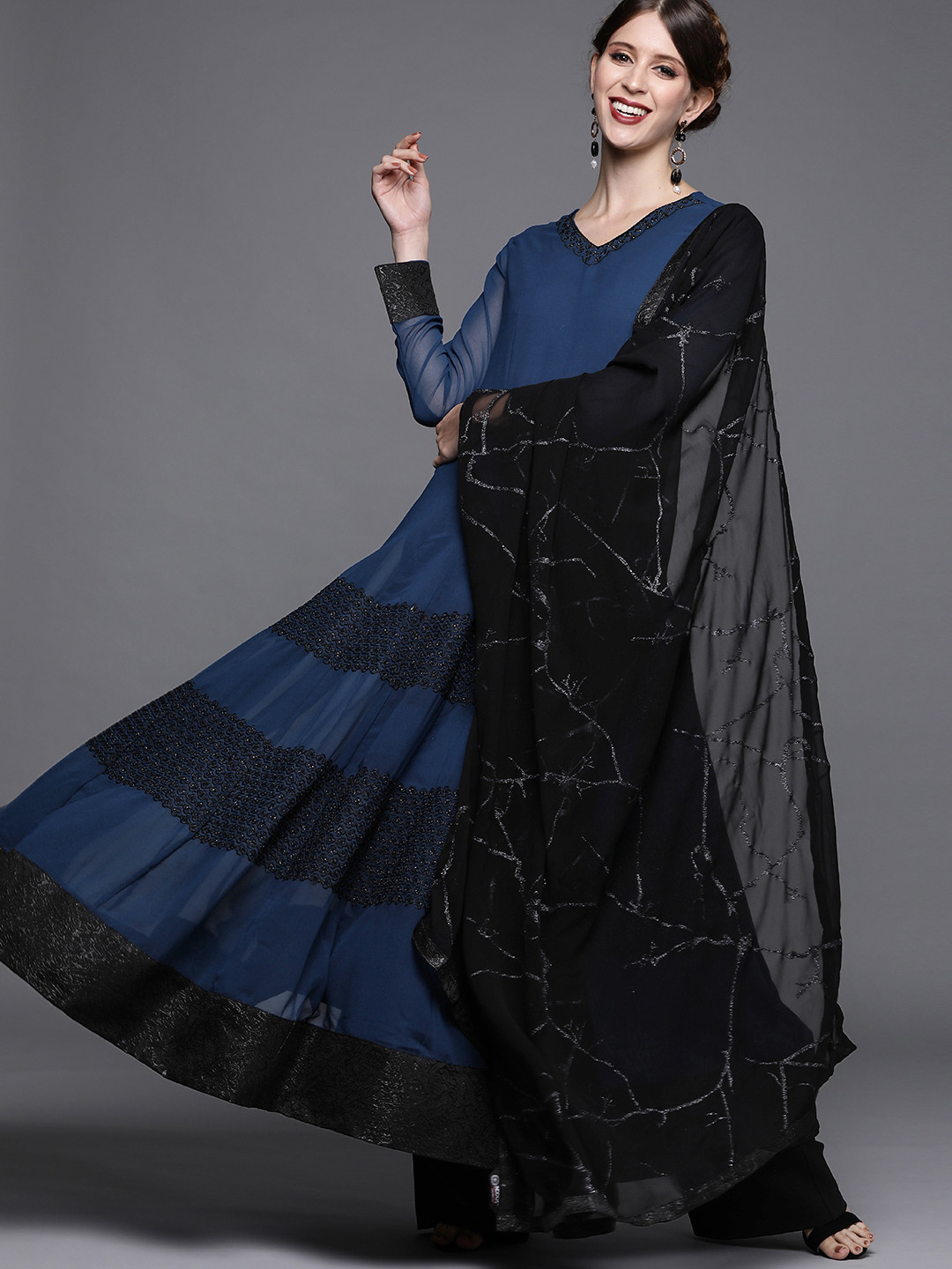 Inddus Women Teal Blue & Black Striped Embroidered Panelled Anarkali Kurta with Dupatta