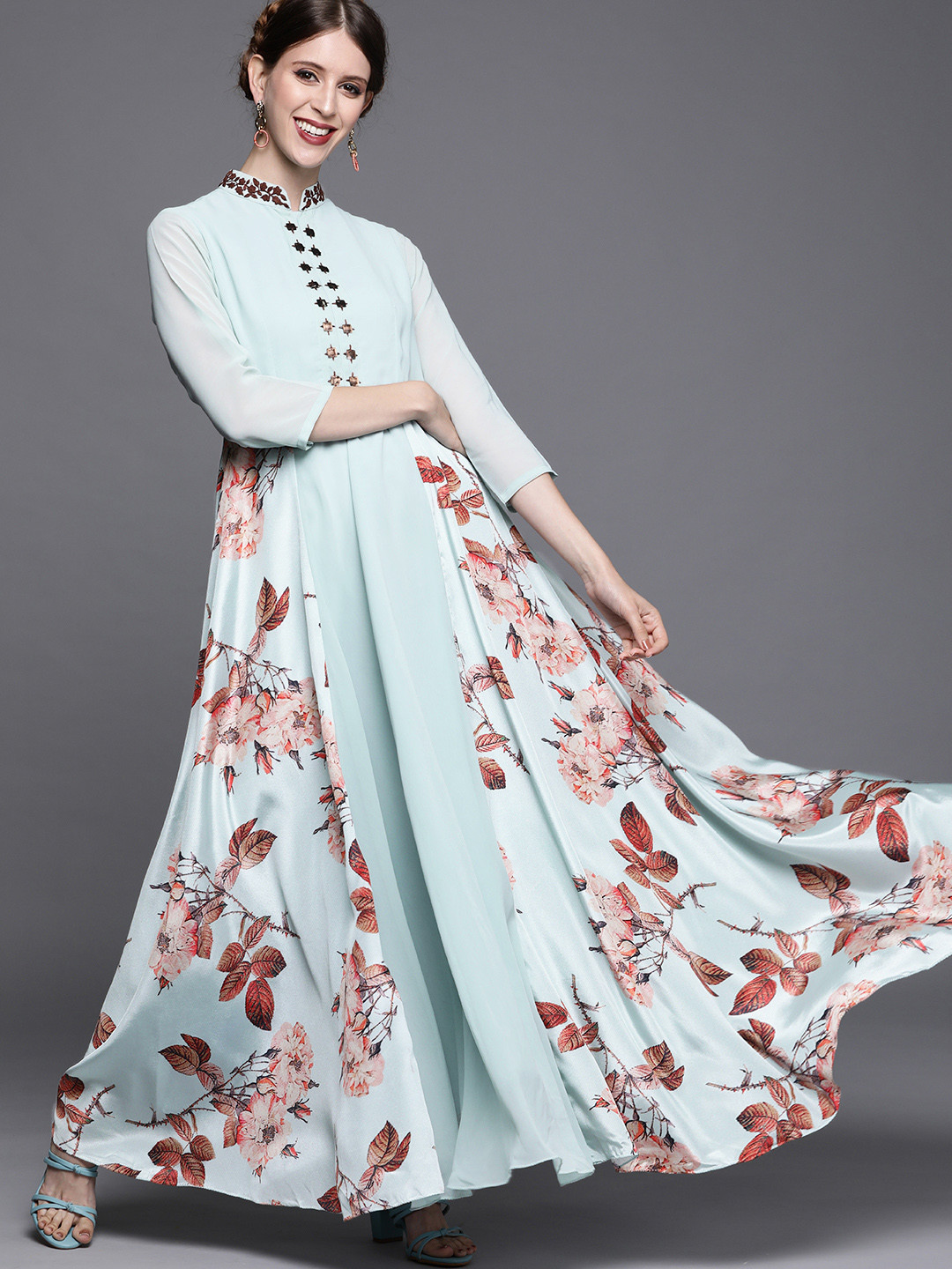 Inddus Blue & Brown Floral Print Embroidered Georgette Ethnic Maxi Dress