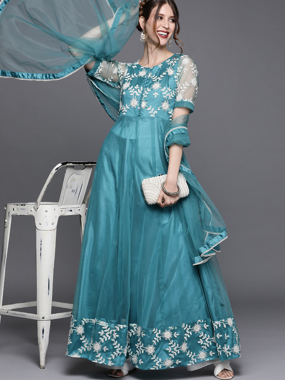 Women  Blue & Off White Embroidered Anarkali Kurta With Dupatta