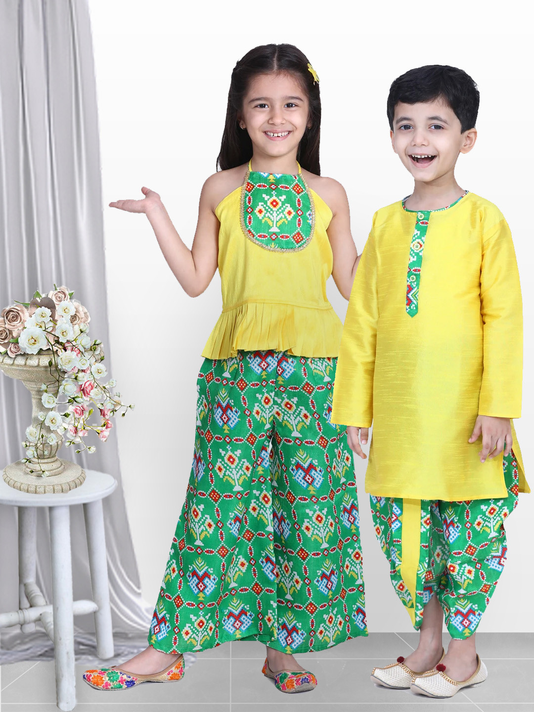 BownBee Girls Green & Yellow Printed Top with Palazzos
