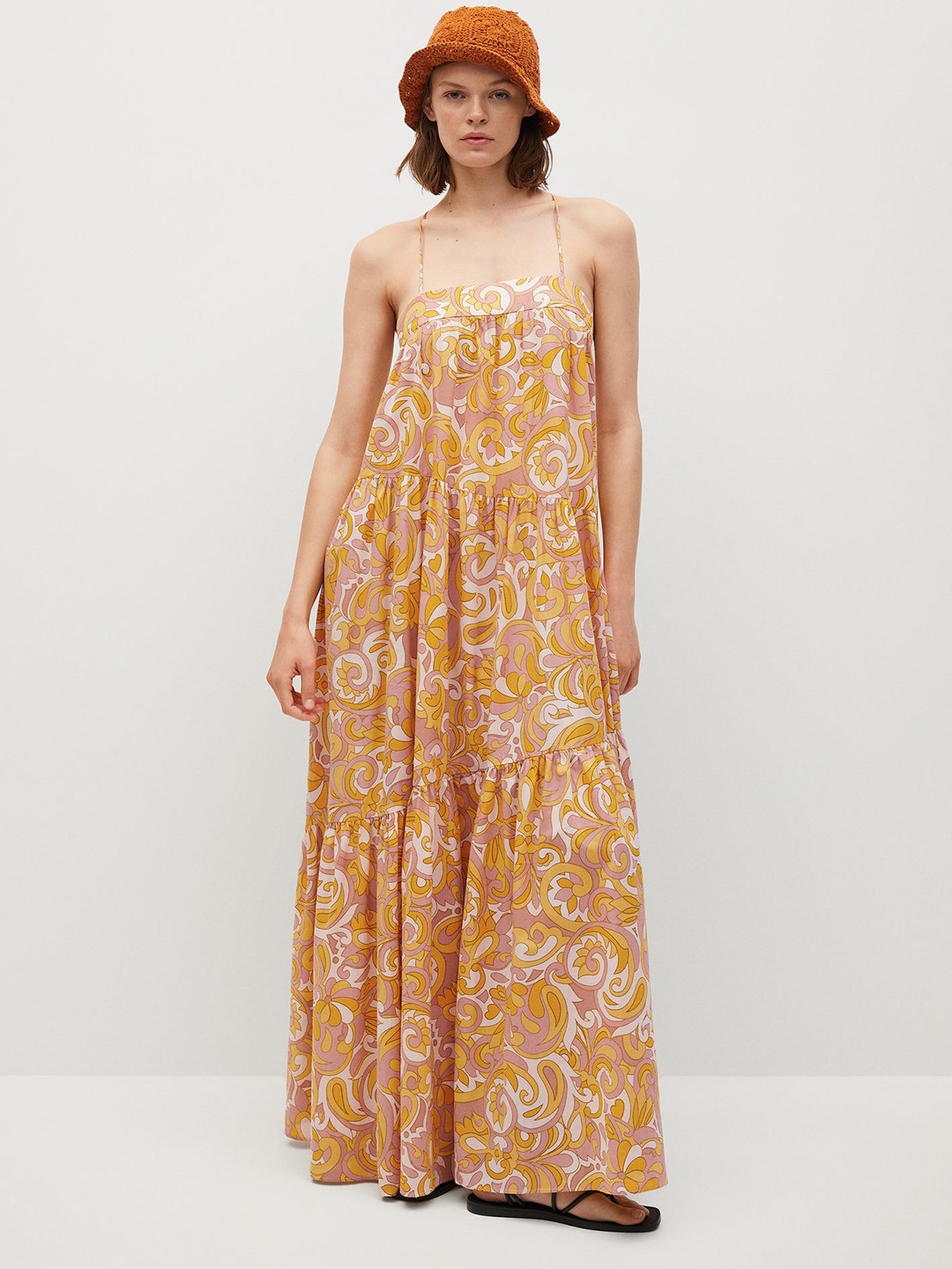 MANGO Pink & Yellow Ethnic Motifs Cotton Tiered Gathered Maxi Dress