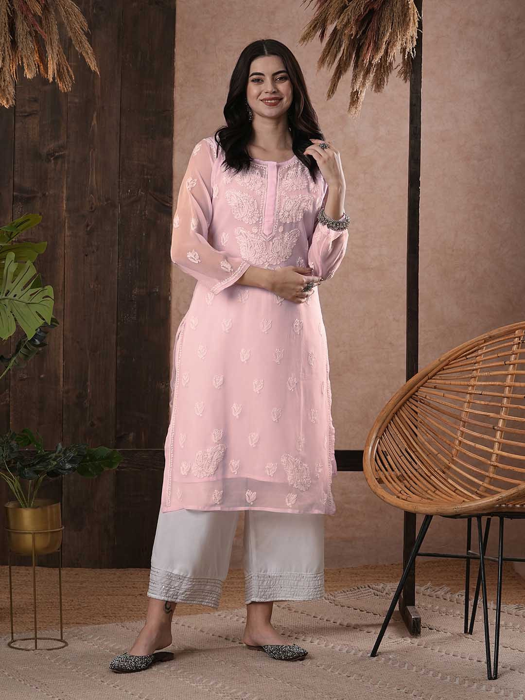 ADA Women Plus Size Pink Chikankari Hand Embroidered Sustainable Sheer Handloom Kurta with Inner