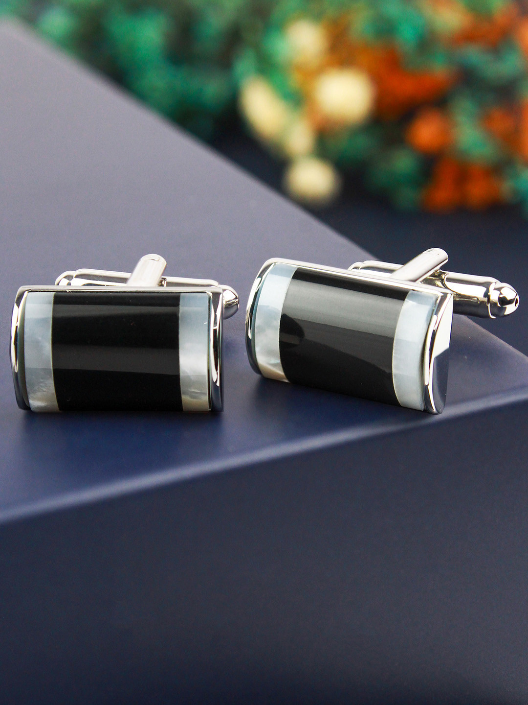 PELUCHE Silver-Toned & Black Cufflinks 1144-01-101010-Silver
