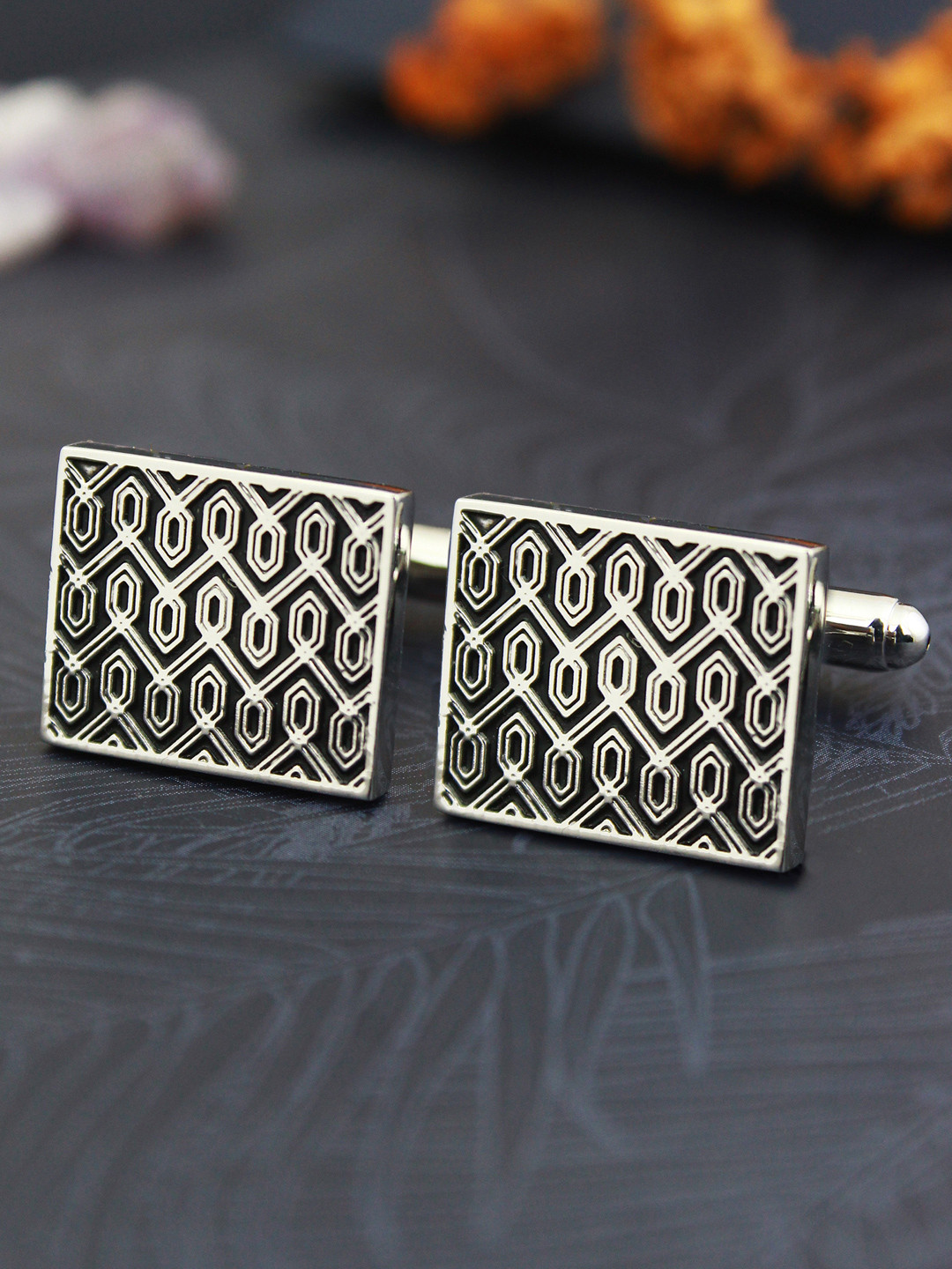 PELUCHE Black & Silver-Toned Brass Cufflink