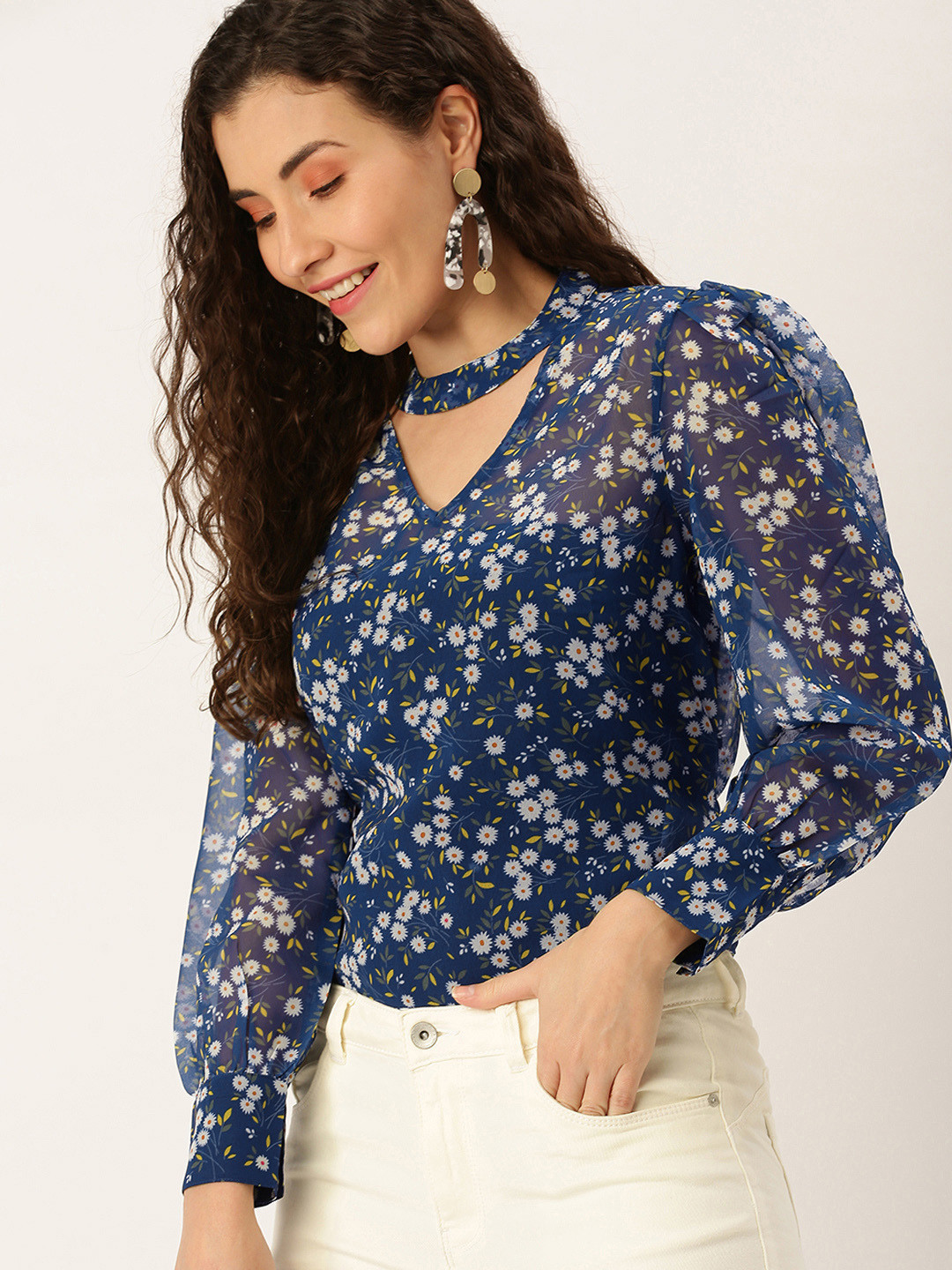 Flying Machine Navy Blue Floral Print Choker Neck Casual Top