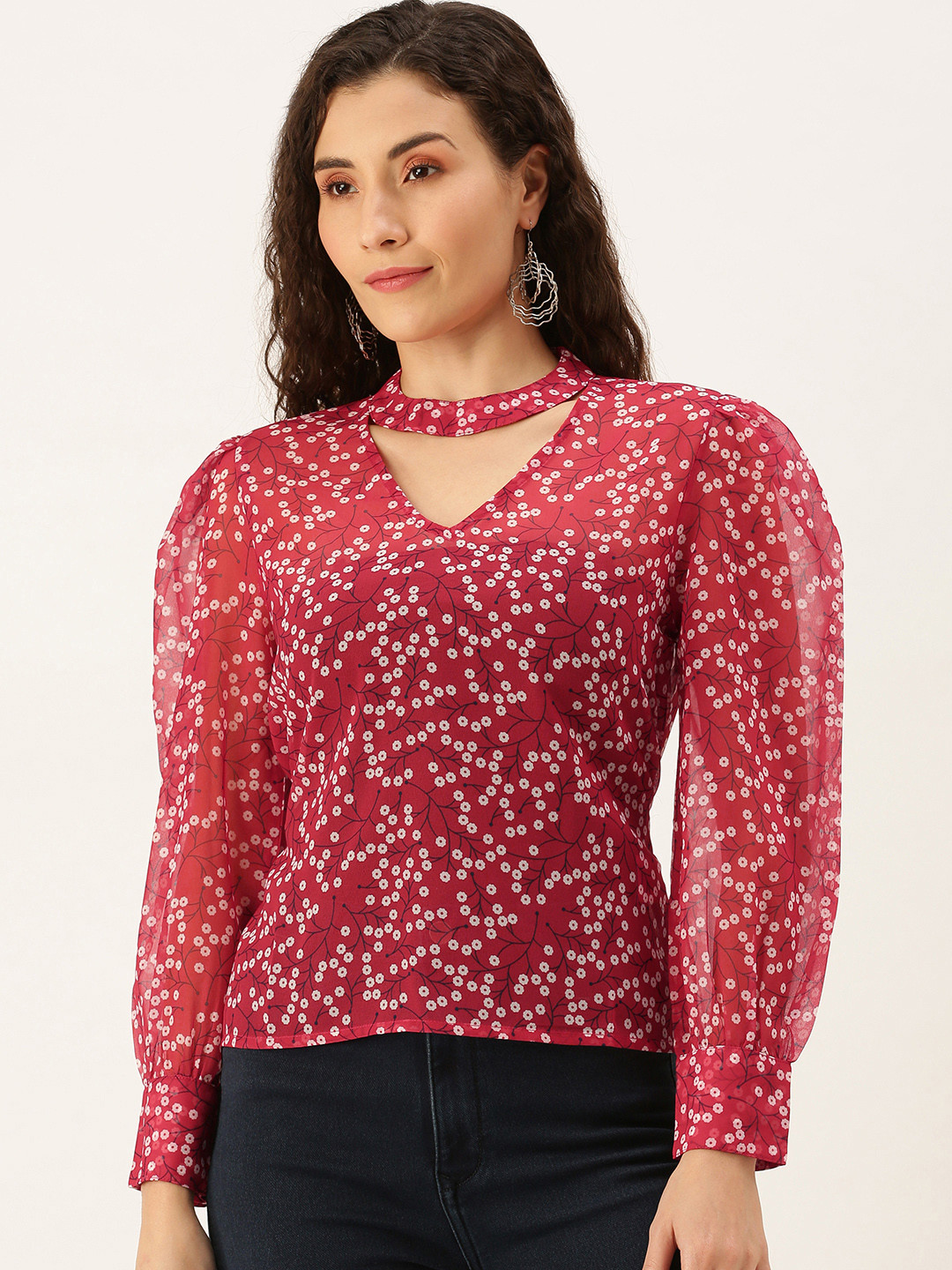 Flying Machine Red Geometric Print Choker Neck Casual Top
