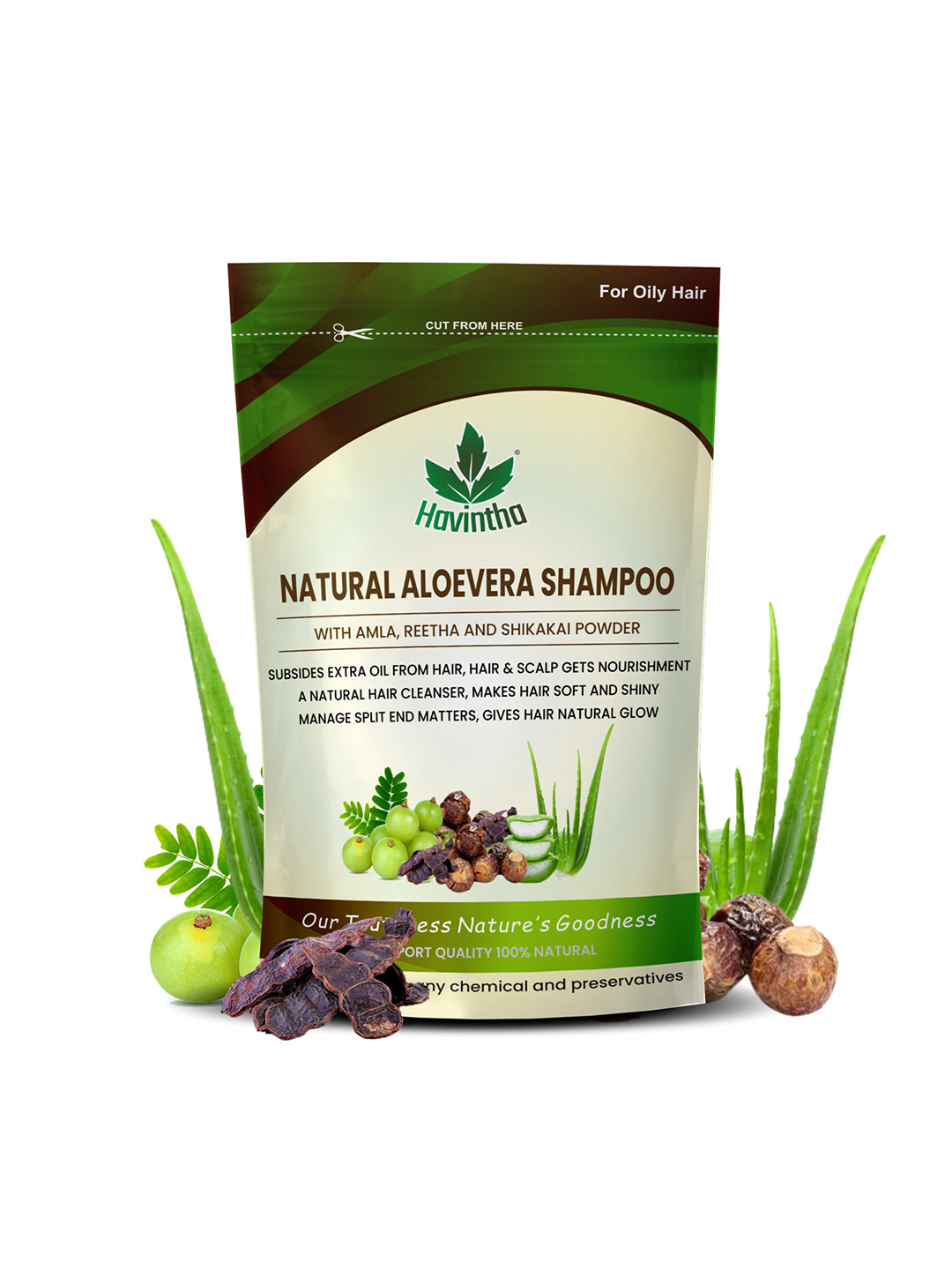 Havintha Natural Amla Reetha Shikakai & Aloevera Powder Shampoo for Oily Hair - 227 g