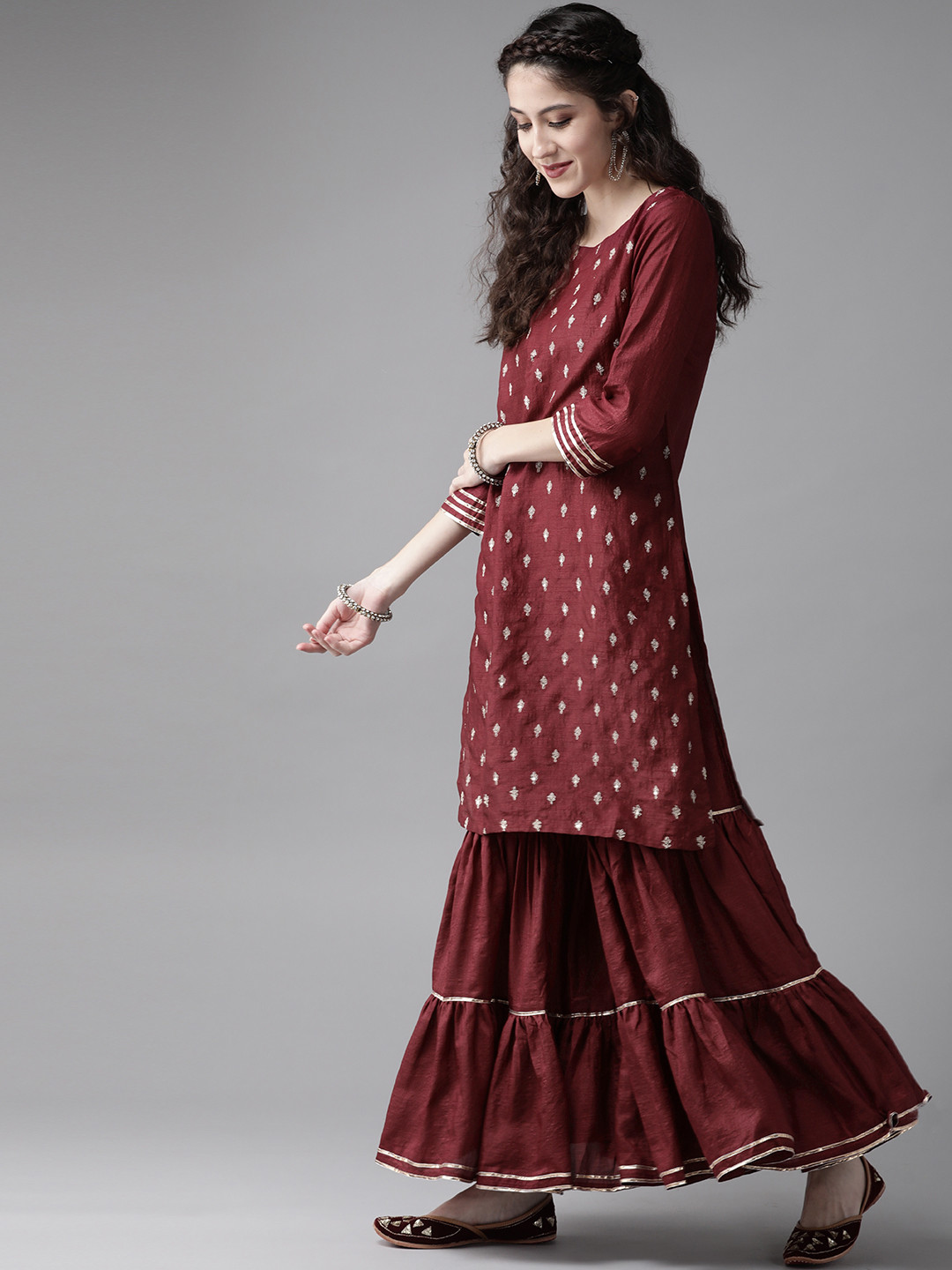Indo Era Women Maroon & Godlen Embroidered Gotta Patti Kurta with Sharara
