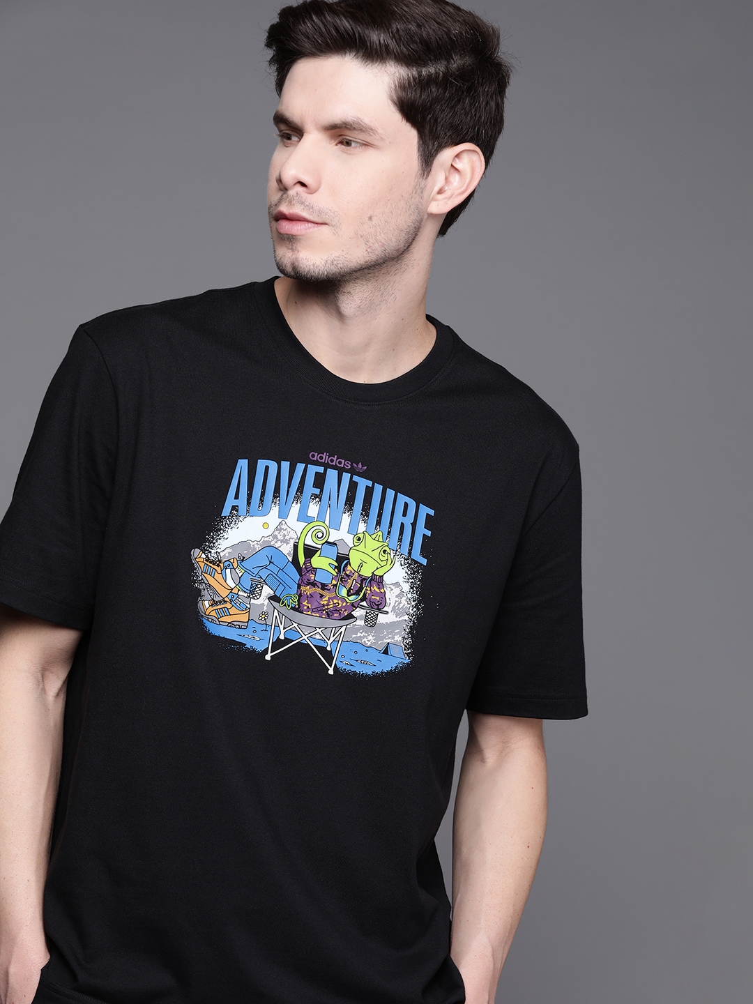 ADIDAS Originals Men Black Blue Adventure Chameleon Printed Pure Cotton T shirt