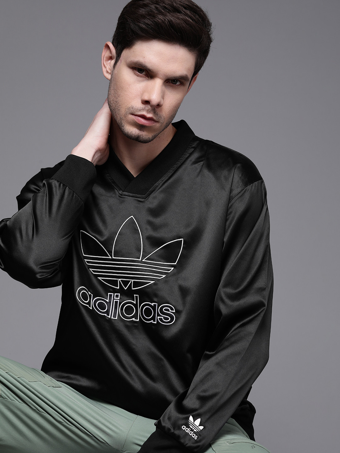 ADIDAS Originals Men Black TF Satin Sustainable Embroidered Sustainable Jersey