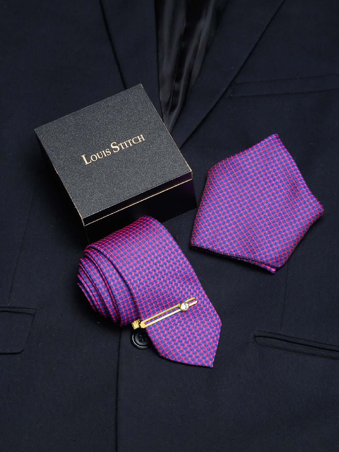 LOUIS STITCH Men Violet Italian Silk Necktie Accessory Gift Set