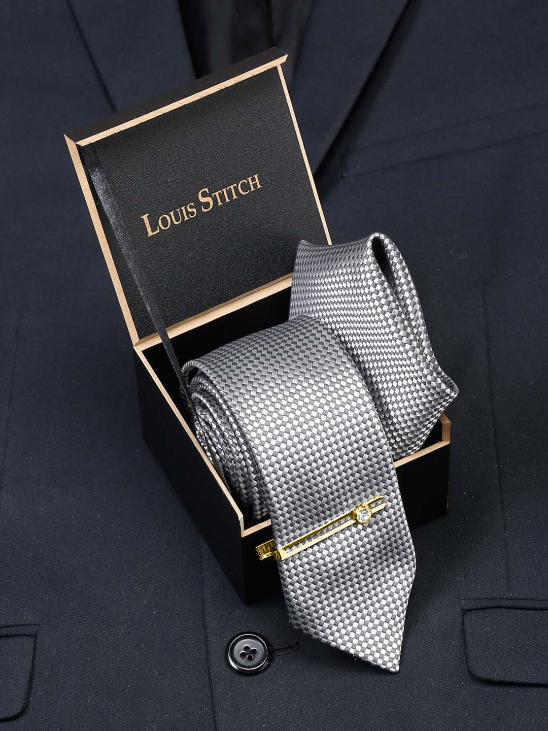 LOUIS STITCH Men's Checkered Black Italian Silk Necktie Accessory Gift Set