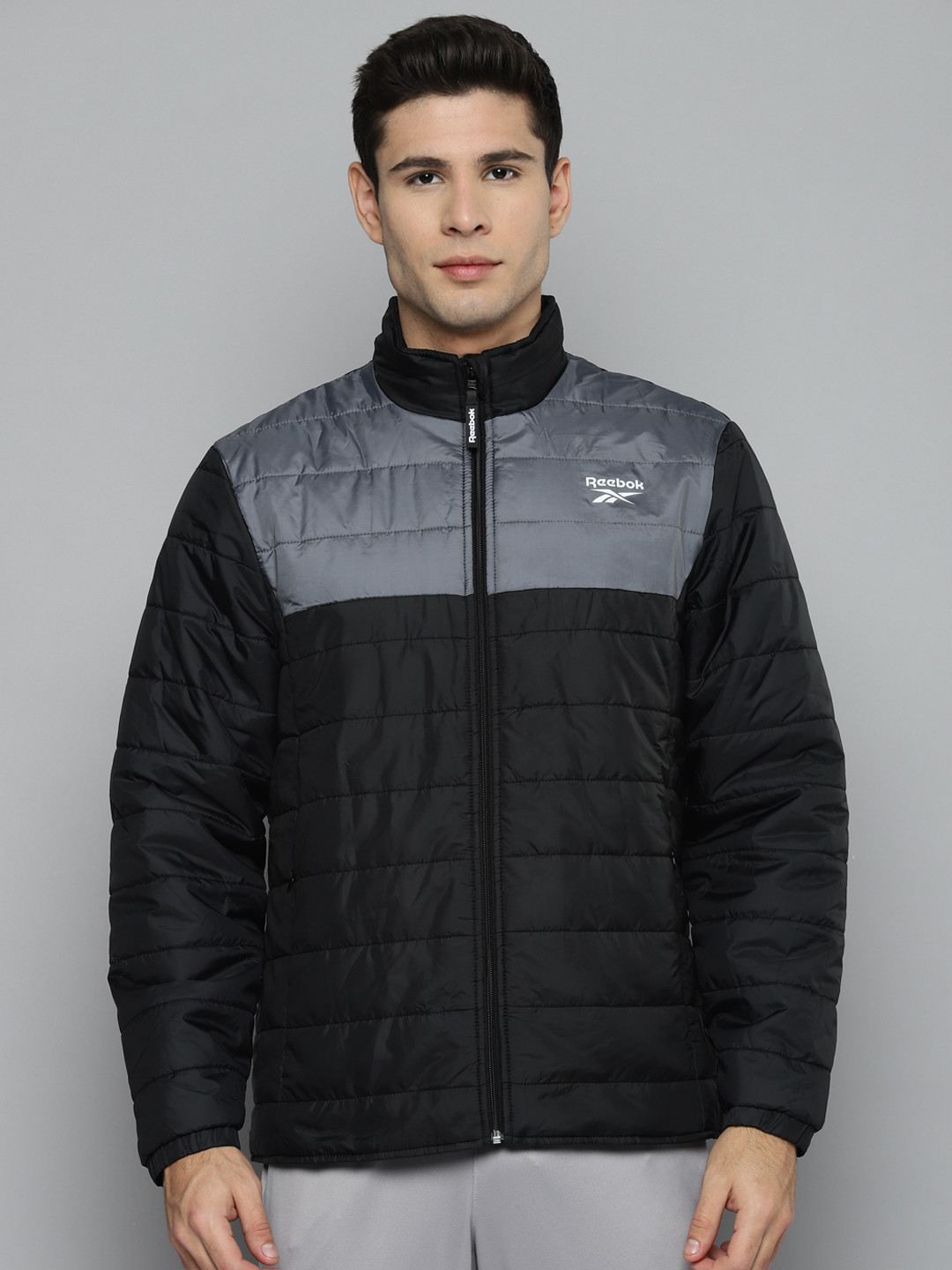 Reebok Men Black & Charcoal Grey Colourblocked MP Light Padded Jacket