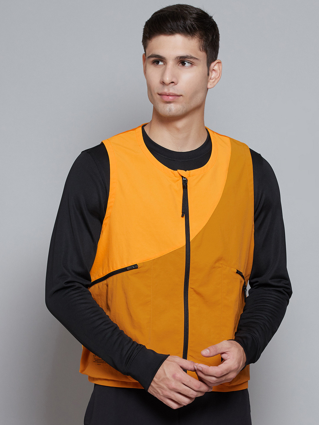 Reebok Men Mustard Water Resistant Road Trip Woven Utility Vest Loose Fit Sporty Jacket