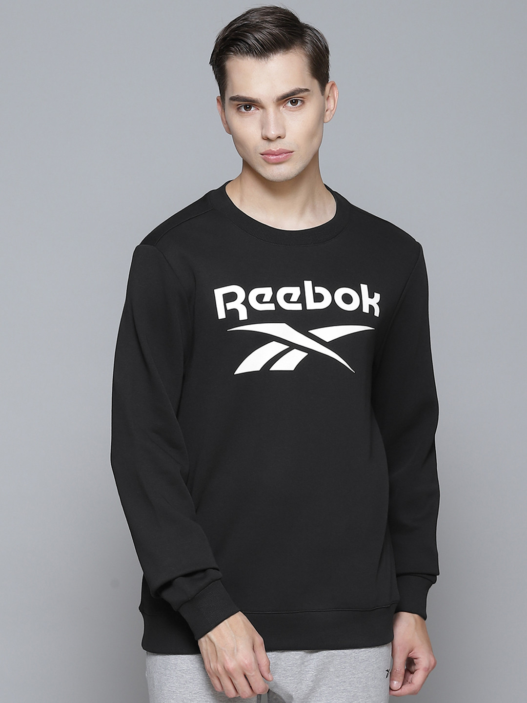 Reebok Men Black & White Brand Logo Print RI CREW Sweatshirt