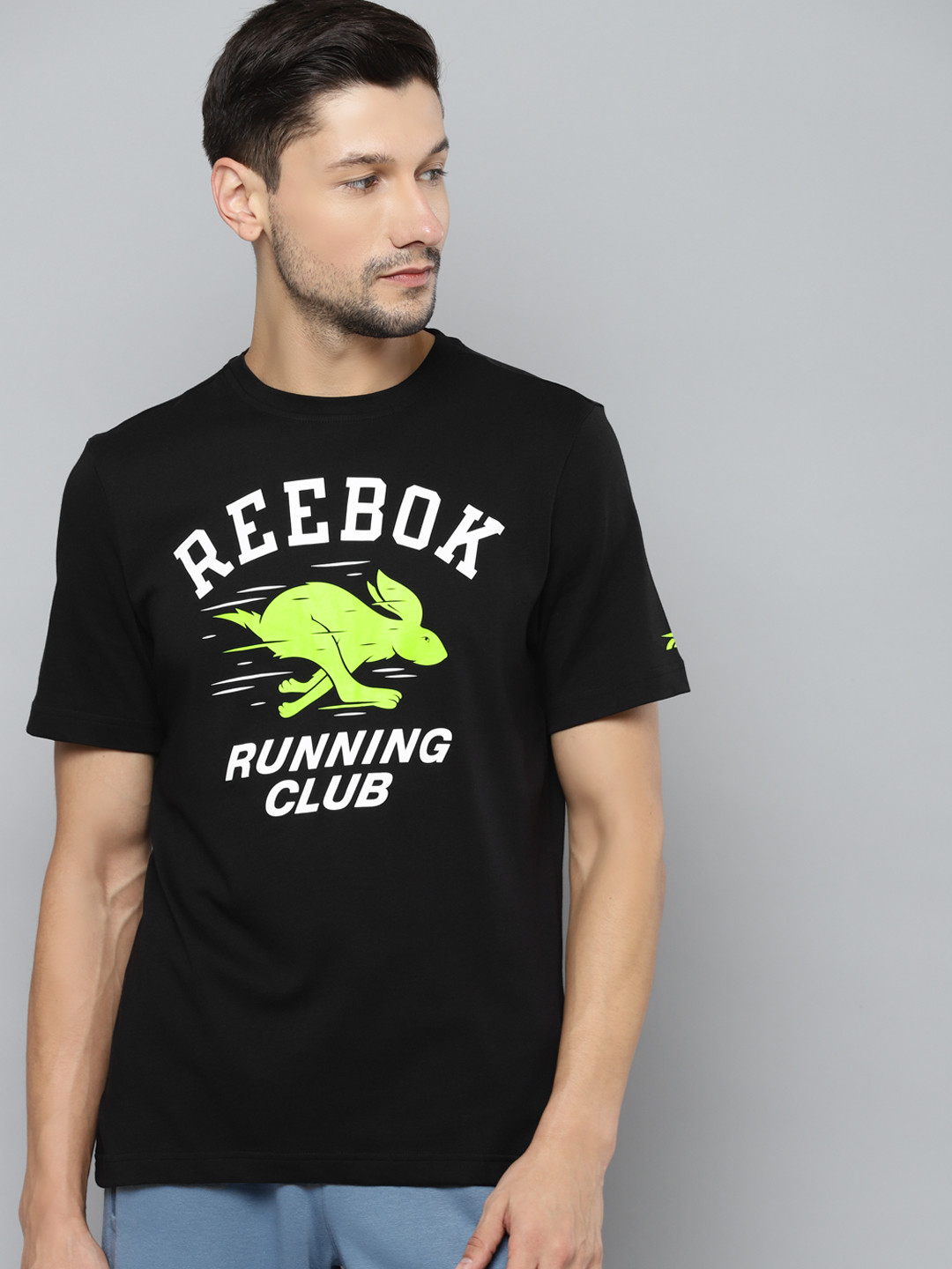 Reebok Men Black Running Novelty Pure Cotton Printed Training T-shirt
