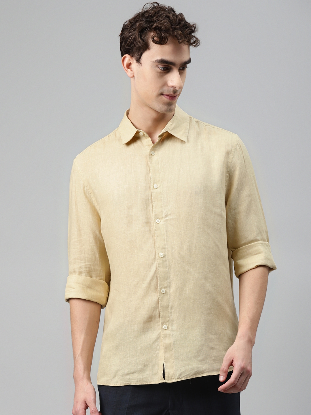 Marks   Spencer Men Beige Pure Linen Solid Casual Shirt