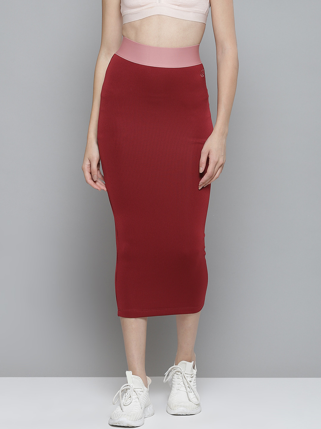 Reebok Women Maroon Cardi B Ribbed Midi Pencil Skirt