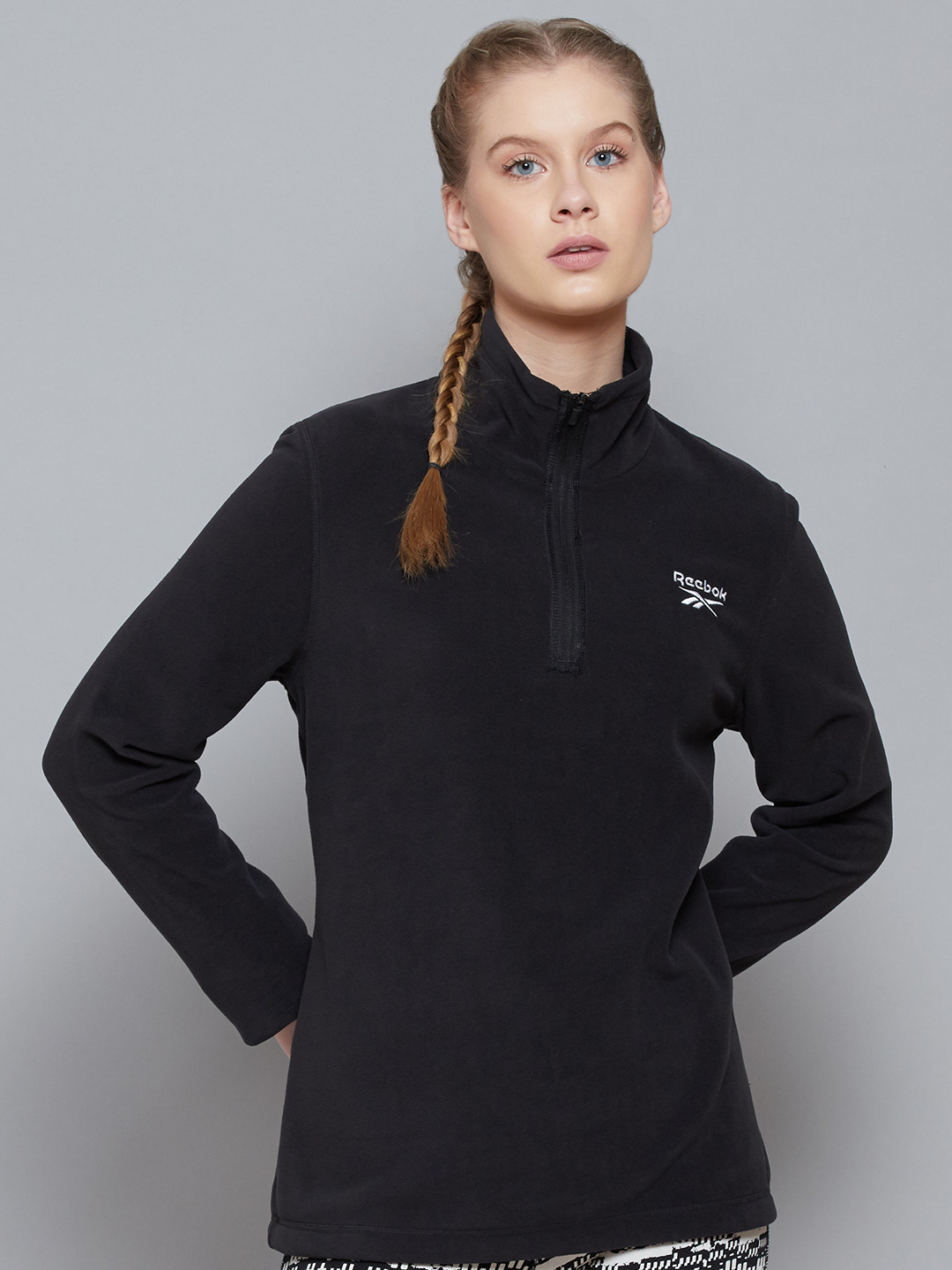 Reebok Women Black Outerwear Fleece Quarter-Zip Jacket
