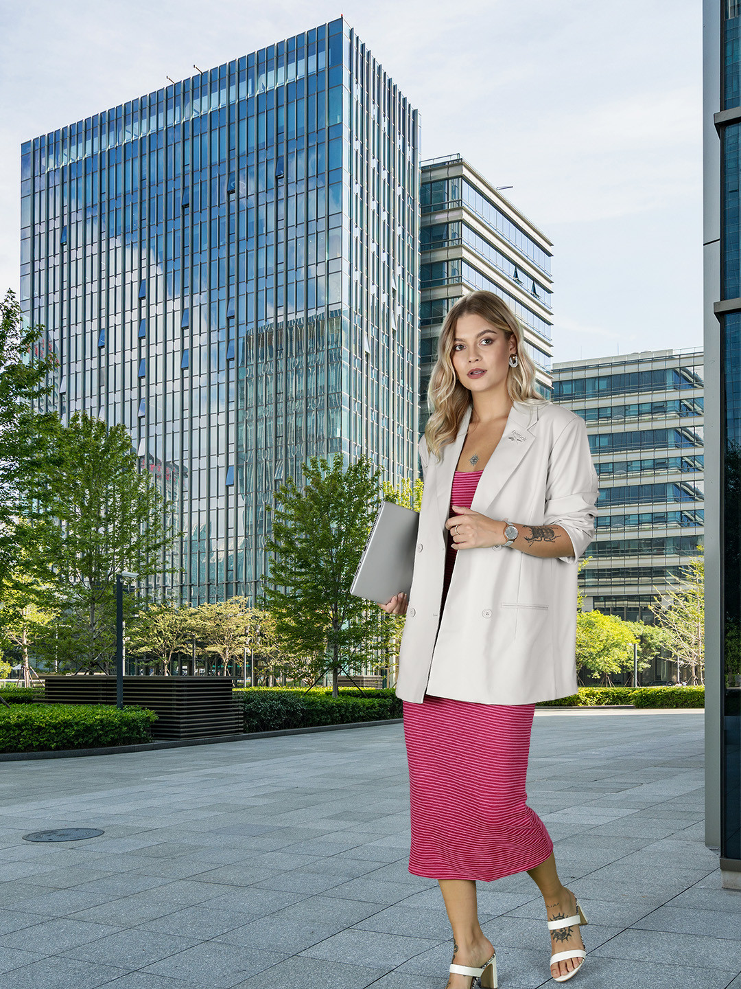 Reebok Classic Women Light Grey Double-Breasted Oversized Fit Solid Blazer