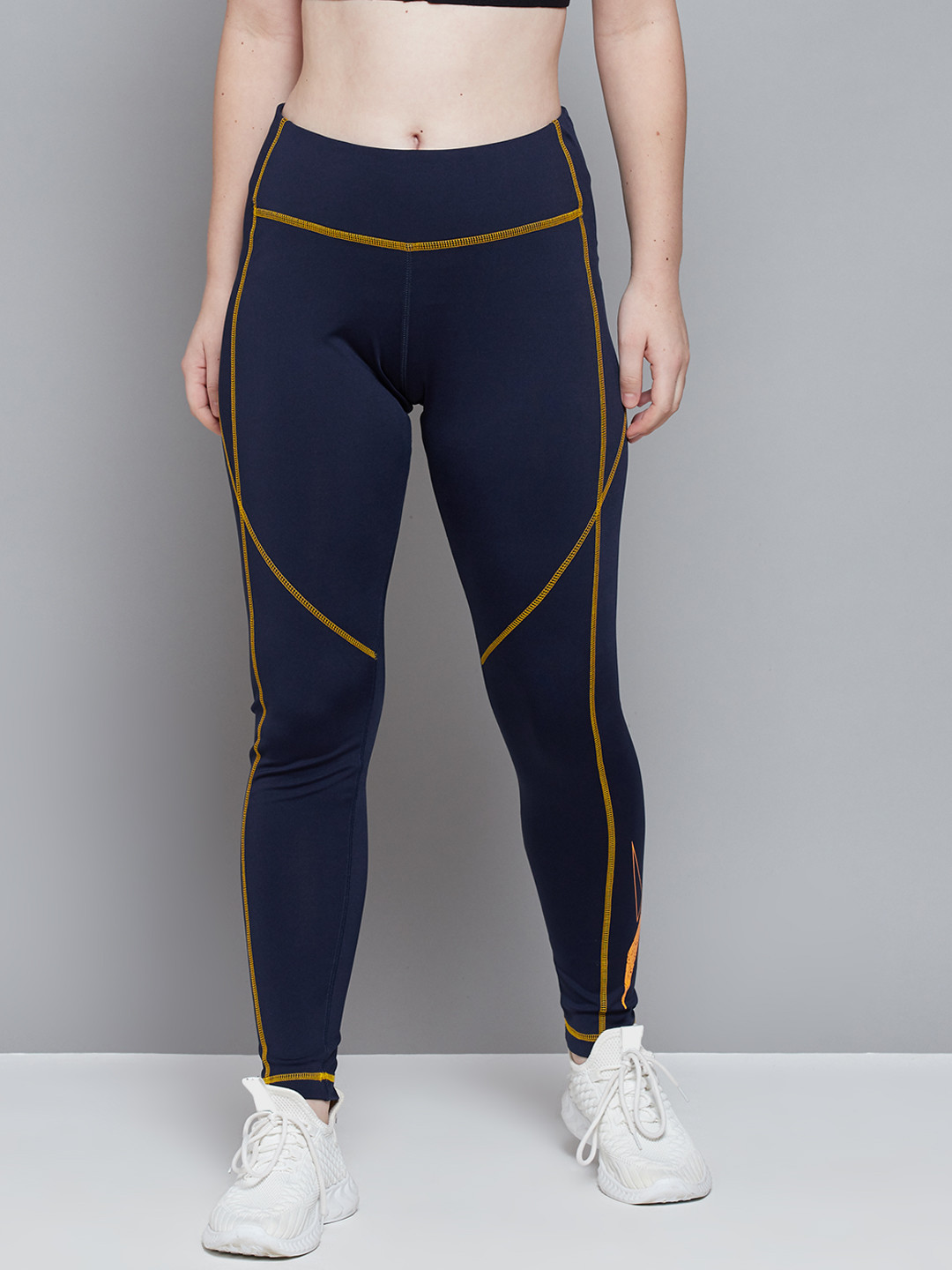 Reebok Women Navy Blue Workout Big Logo Tights