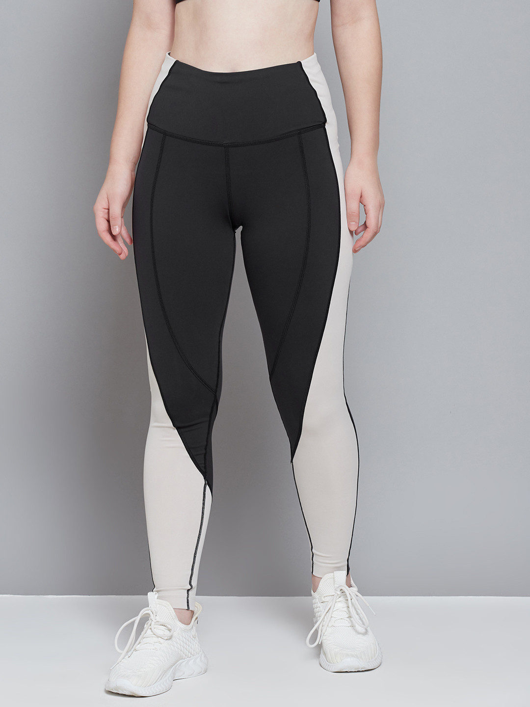 Reebok Women Black & Off-White Lux High-Rise Colourblock Training Tights