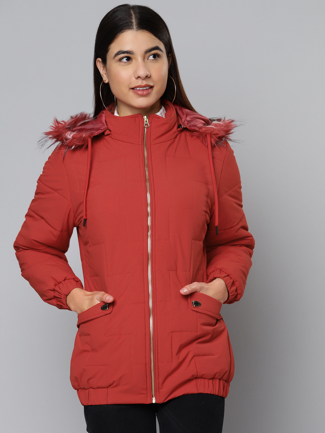 Fort Collins Women Red Solid Parka Jacket with Detachable Hood