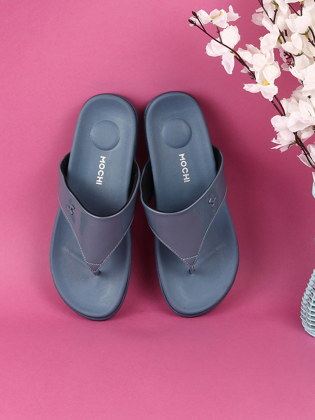 Mochi Womens Blue T-Strap Open Toe Comfort Flats