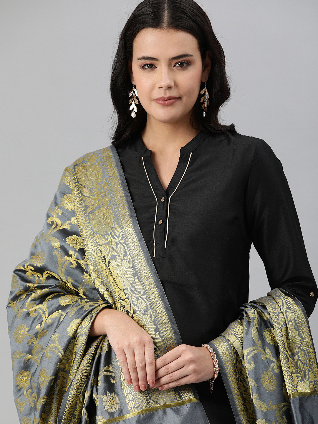 swatika Grey & Gold-Toned Ethnic Motifs Woven Design Dupatta with Zari