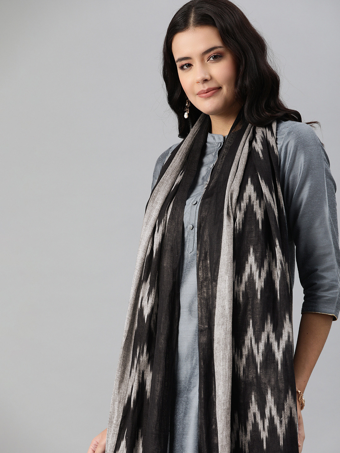 swatika Grey Bhagalpuri Handloom Woven Design Pure Cotton Dupatta