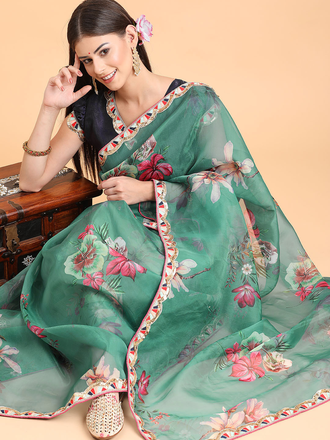 Sangria Teal & Pink Floral Sequinned Organza Saree