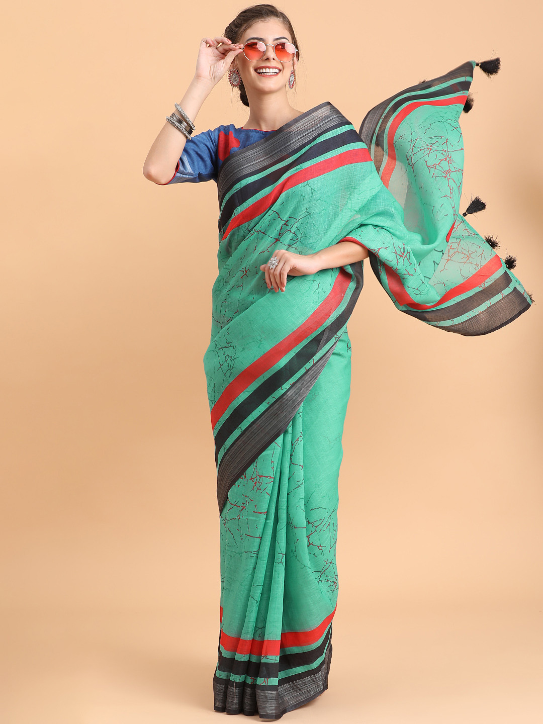 Sangria Sea Green & Red Tie and Dye Pure Linen Saree