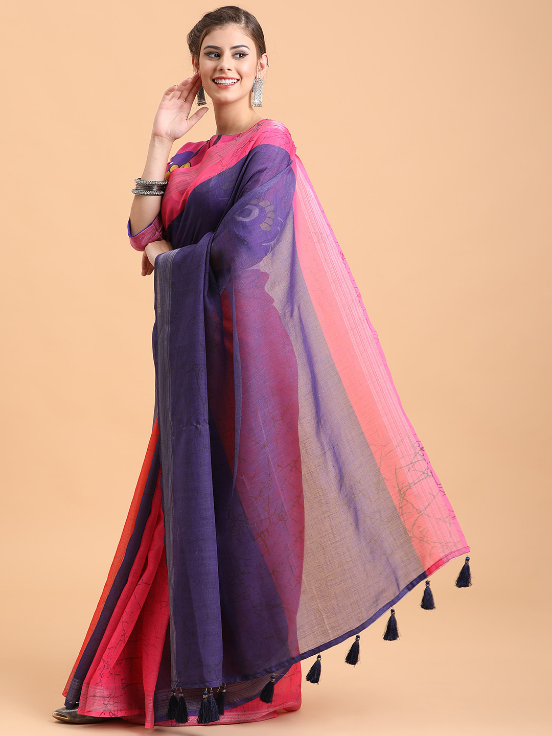 Sangria Purple & Pink Tie & Dye Pure Linen Saree