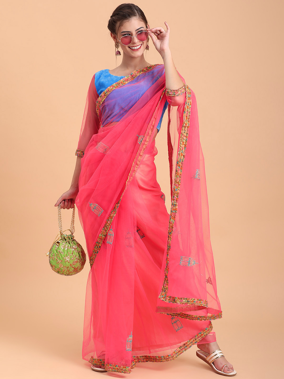 Sangria Pink & Blue Embroidered Embellished Supernet Party Saree