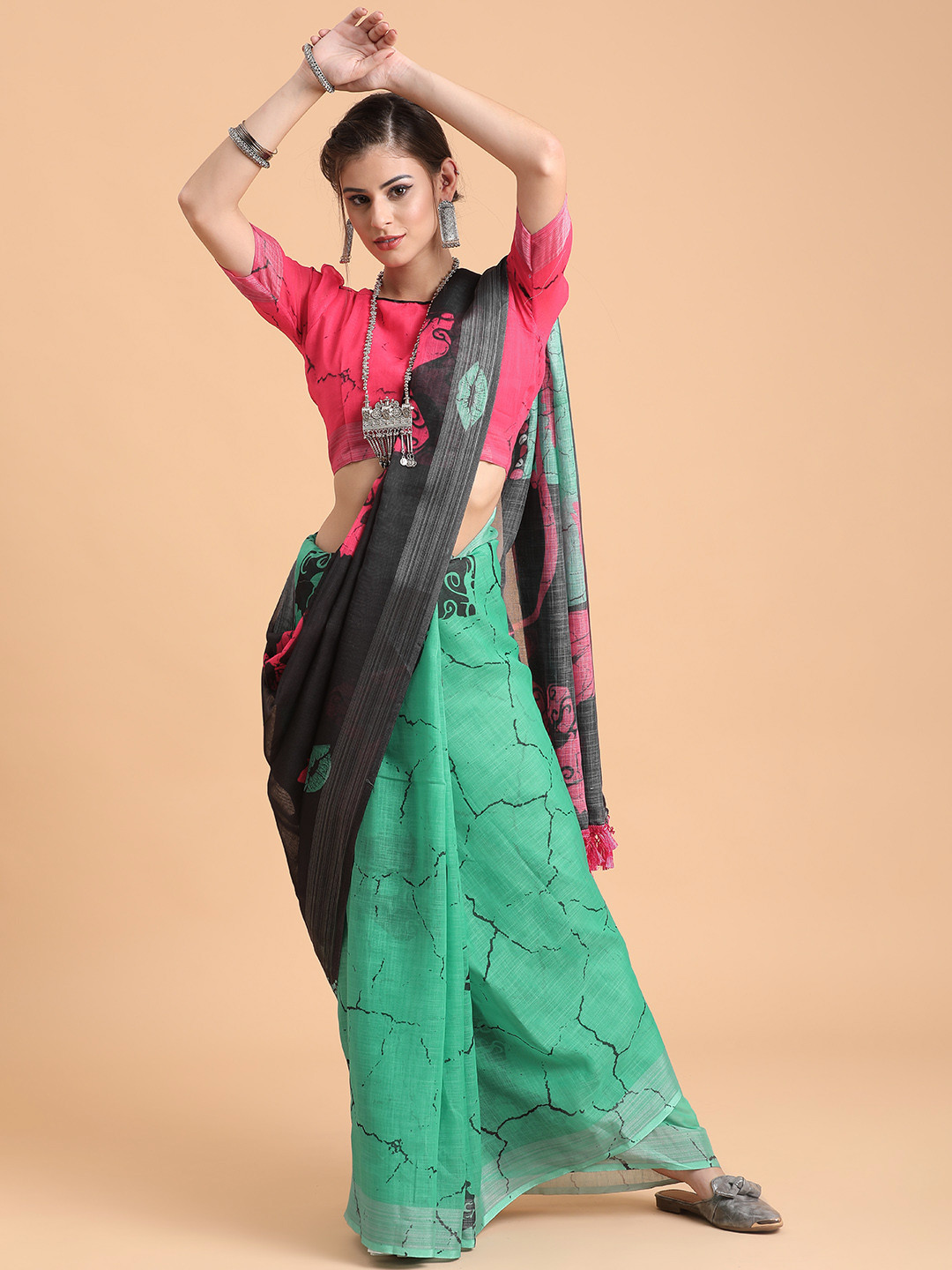 Sangria Sea Green & Black Zari Pure Linen Saree