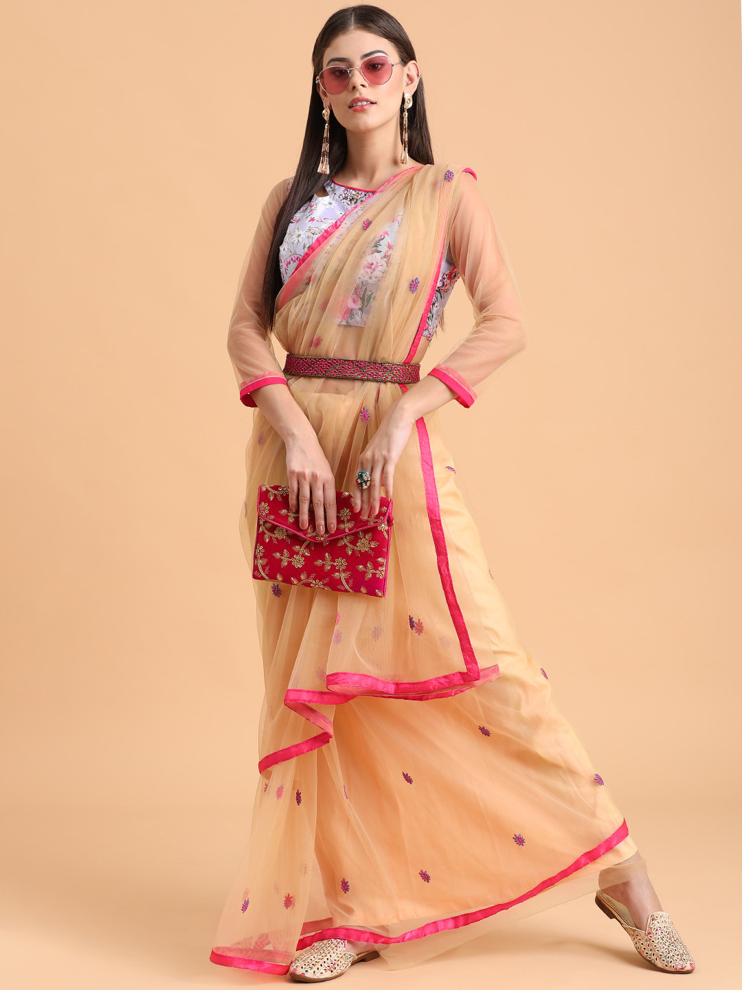 Sangria Beige & Purple Floral Embroidered Supernet Saree