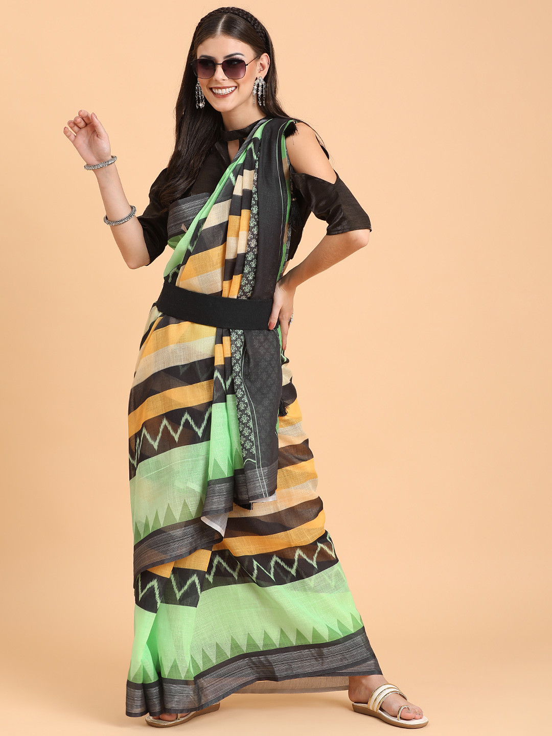 Sangria Black & Green Beads and Stones Pure Linen Saree