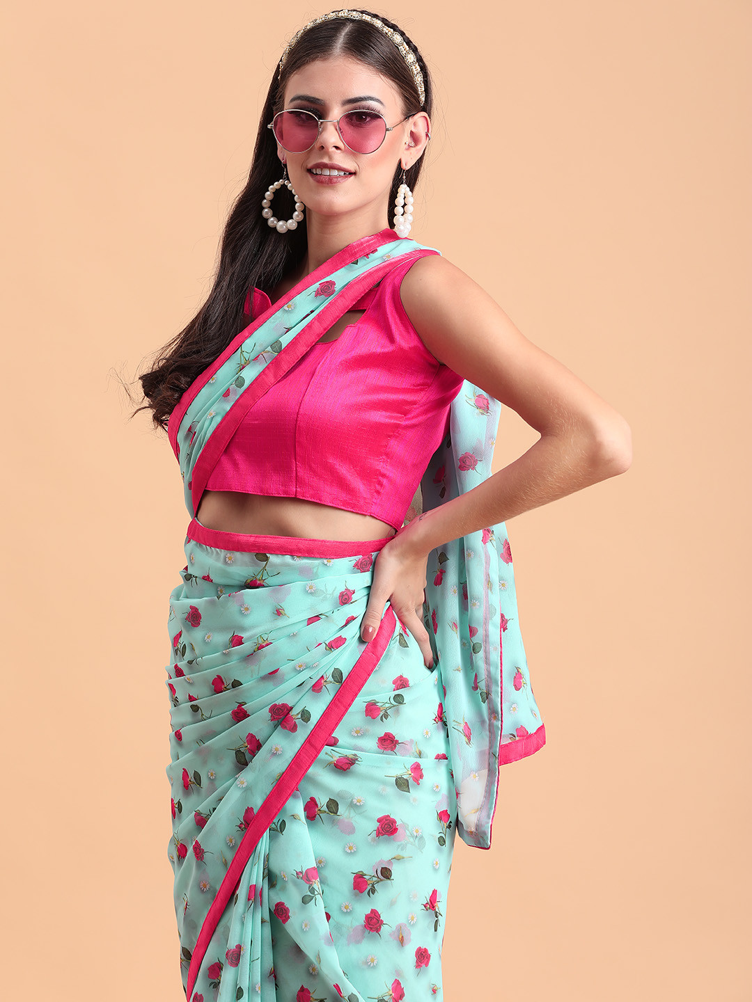 Sangria Sea Green & Pink Floral Pure Georgette Saree