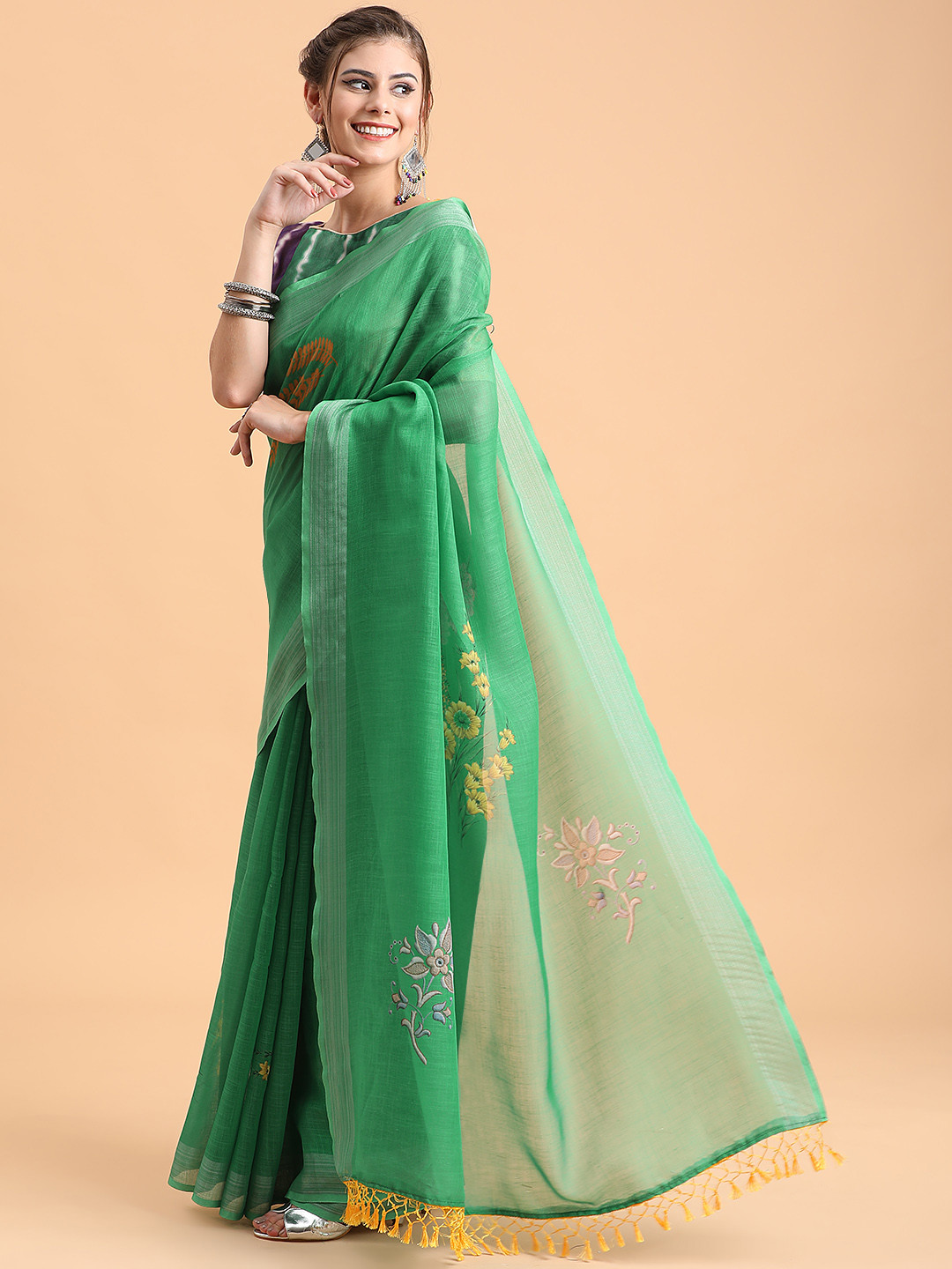 Sangria Green & Yellow Floral Embroidered Pure Linen Saree