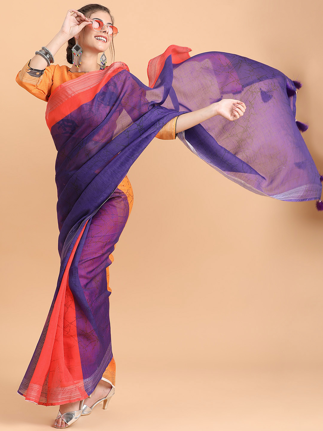Sangria Purple & Red Colourblocked Pure Linen Saree