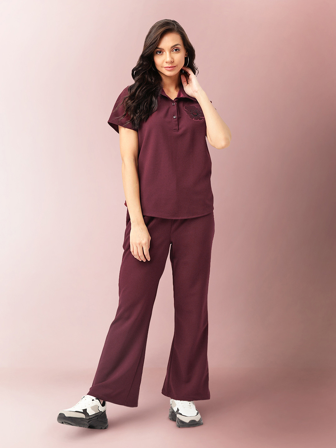 LILL Maroon Solid Top with Trouser Co-ords Set