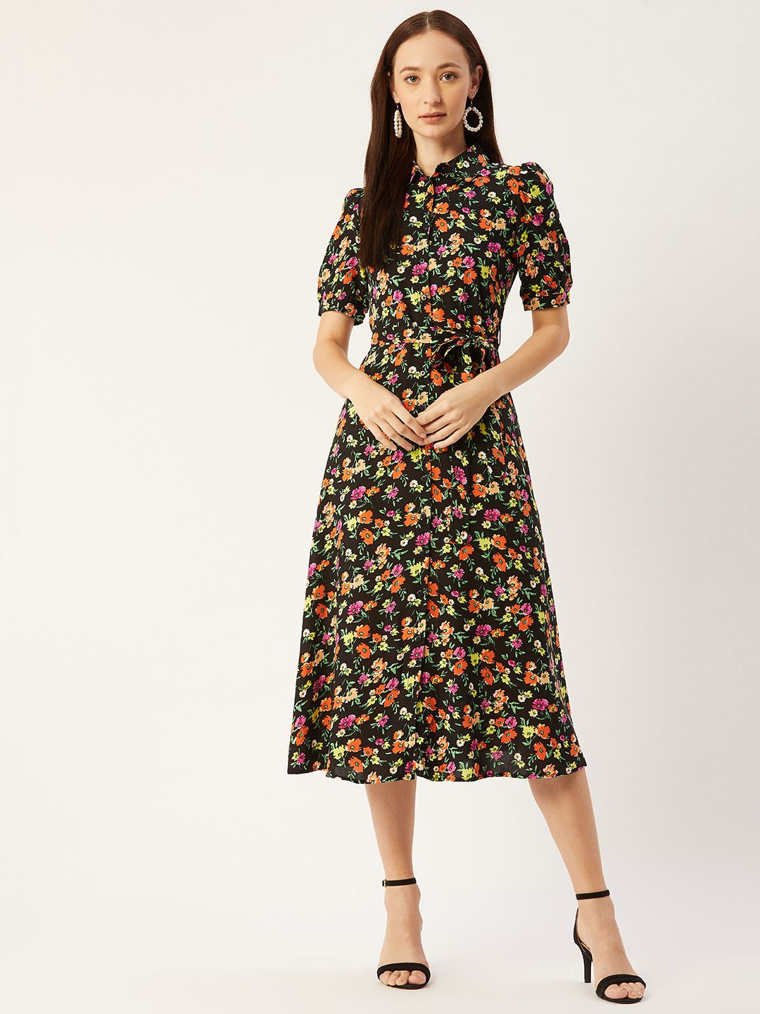 Trendyol Black  Yellow Floral Printed Shirt Midi Dress
