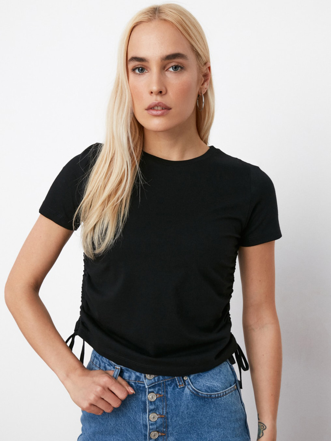 Trendyol Women Black Self Striped Ruched Cotton Crop Top with Tie-Ups