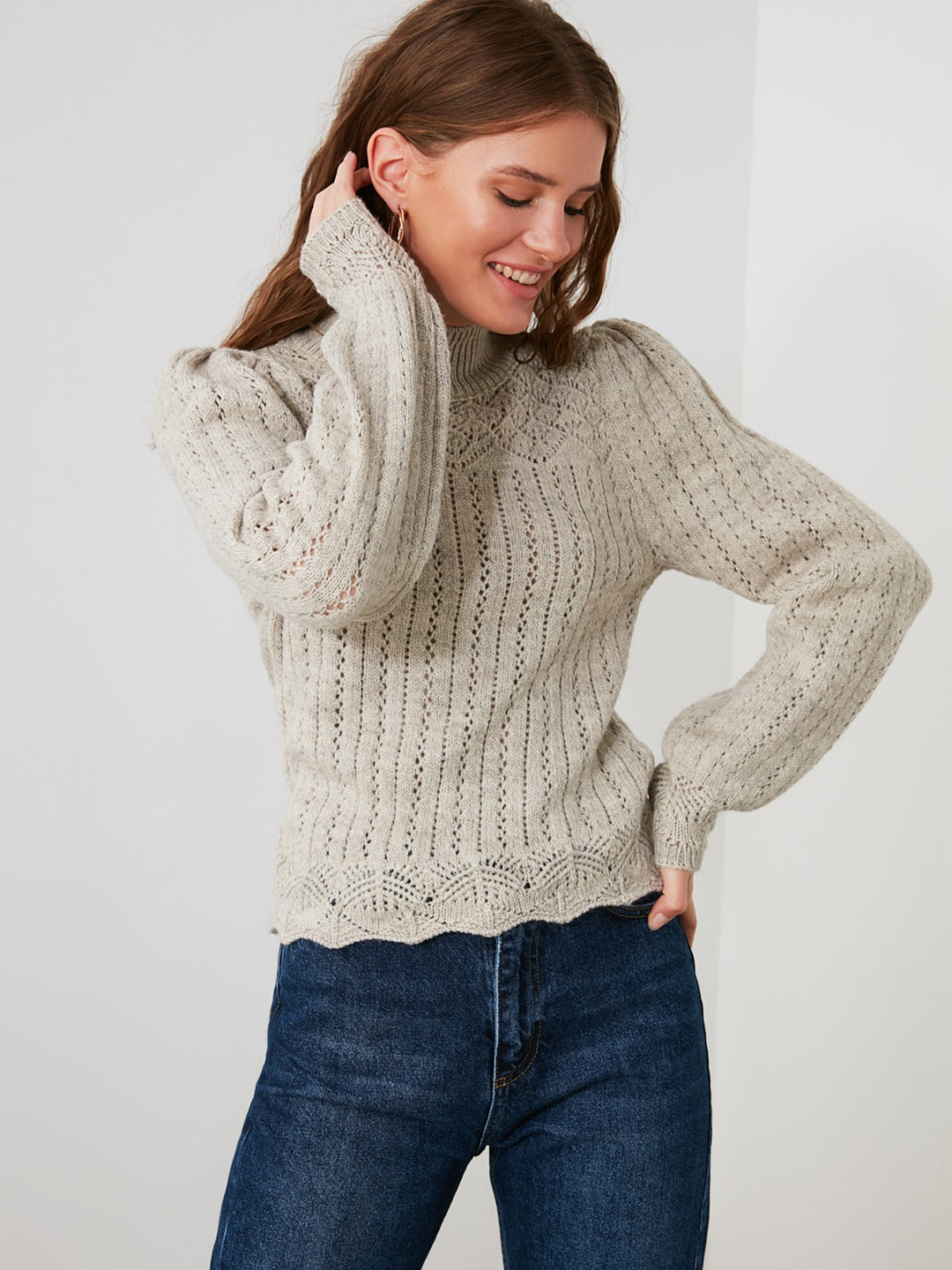 Trendyol Women Beige Open Knit Pullover Sweater