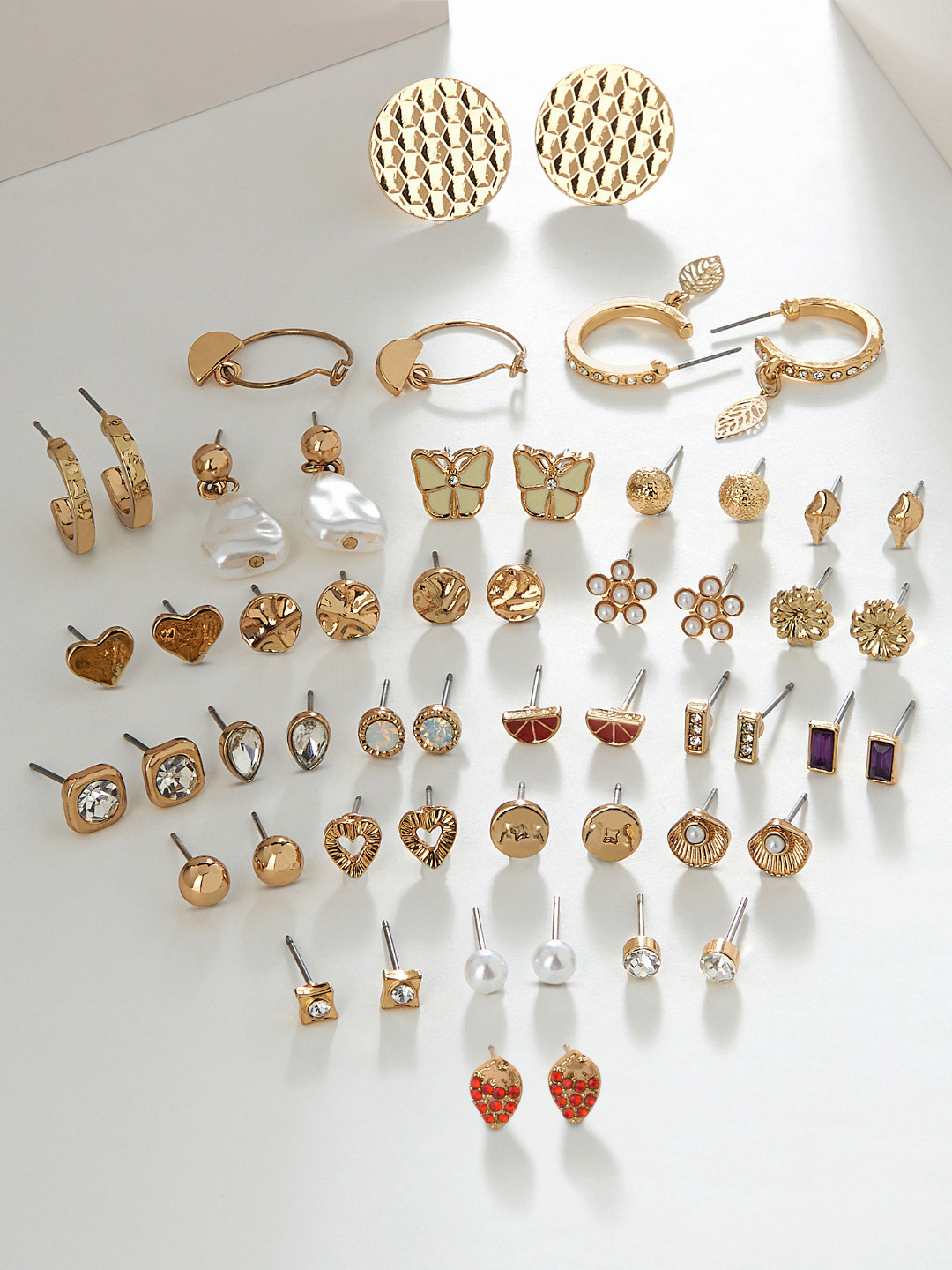 AMI Set of 27 Gold-Toned Contemporary Gold-Plated Studs Drop & Semi-Hoops Earrings