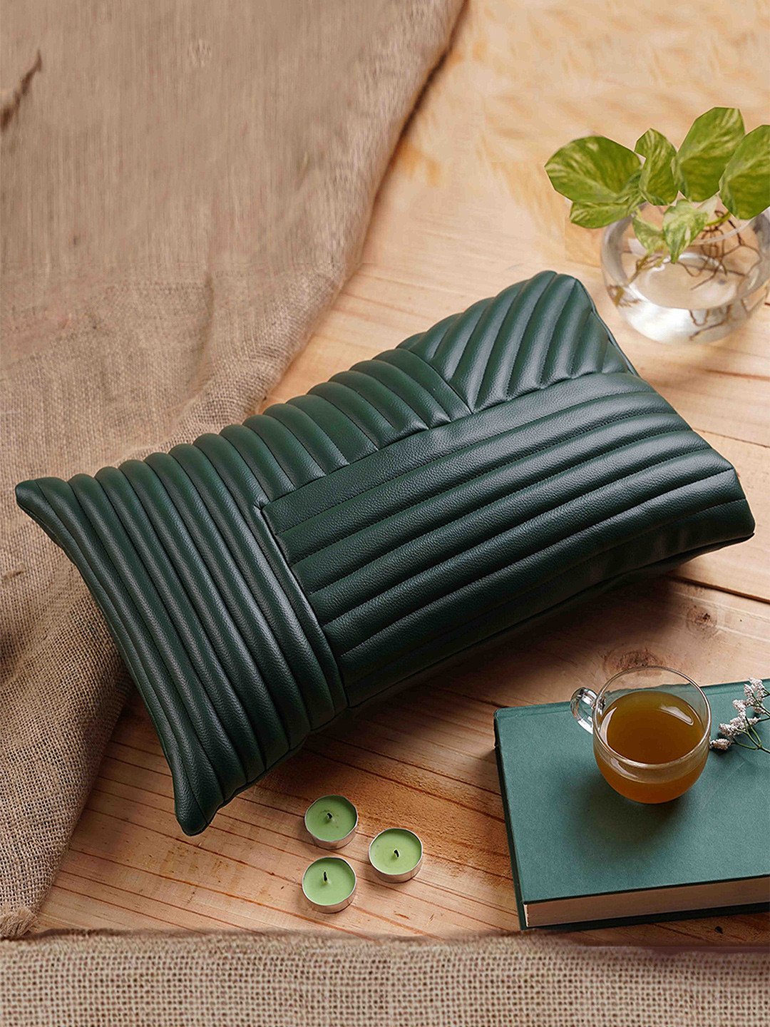 Folkstorys Green Rectangle Faux Leather Cushion Cover