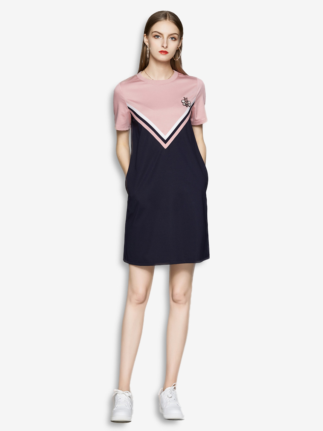 JC Collection Peach-Coloured & Navy Blue Colourblocked T-shirt Dress