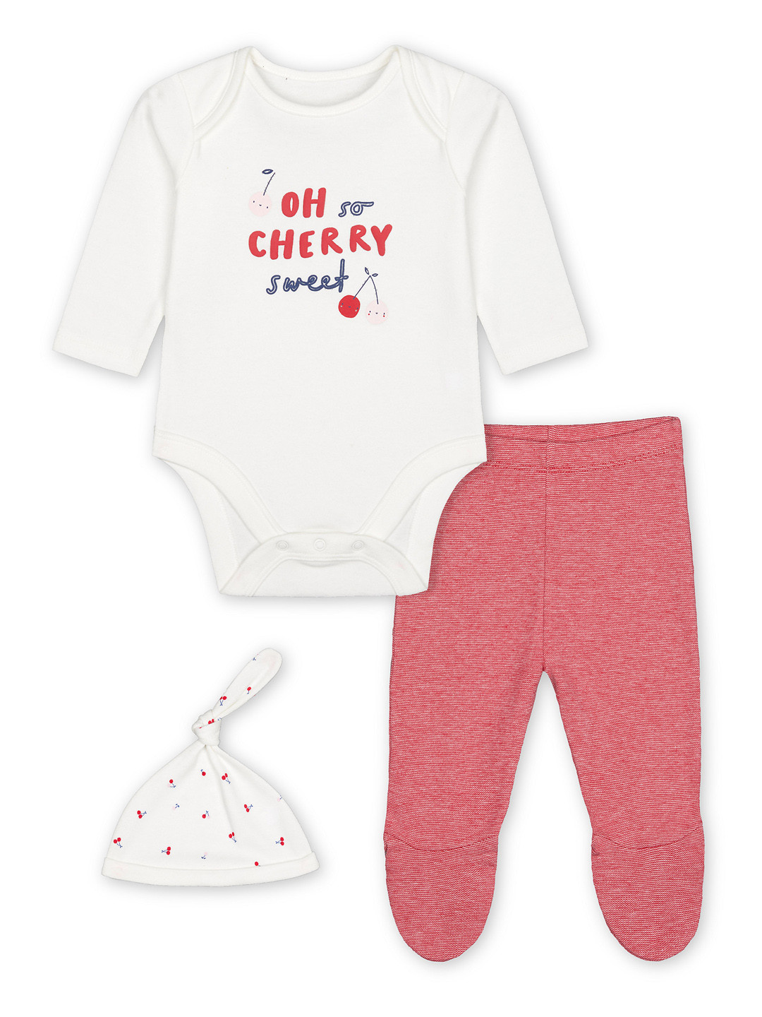 mothercare Infant Girls White & Pink Pure Cotton Bodysuit with Pyjama & Cap