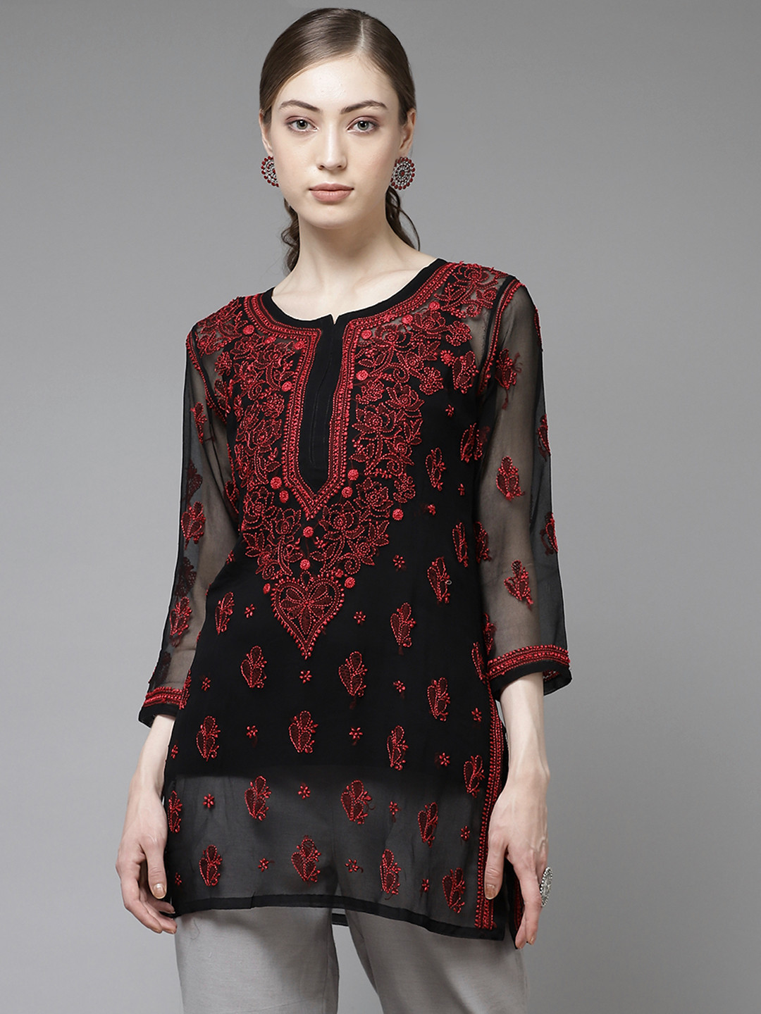 ADA Black & Maroon Sustainable Chikankari Pure Georgette Sheer Kurti with Inner